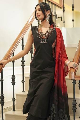 Black Cotton Kurta with Block Print Side Panels & Wide-Leg Palazzo Set