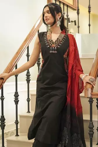 Black Cotton Kurta with Block Print Side Panels & Wide-Leg Palazzo Set