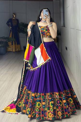 PURPLE RAYON COTTON EMBROIDERY NAVRATRI CHANIYA CHOLI- full stitched free size