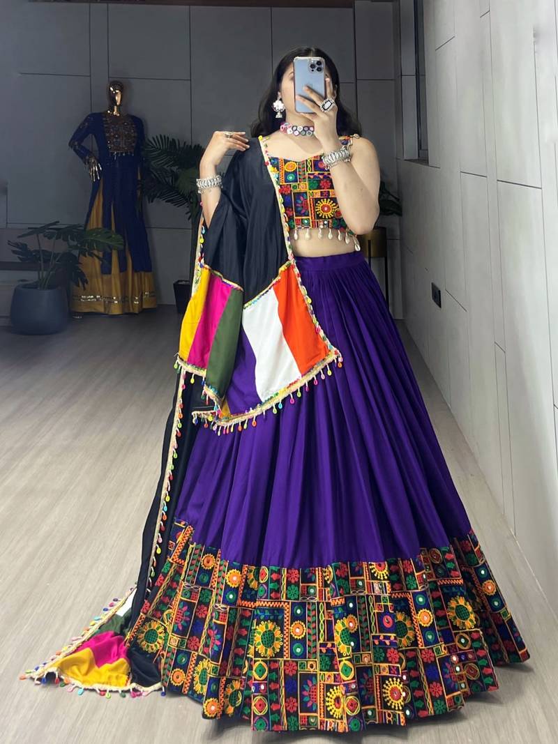 PURPLE RAYON COTTON EMBROIDERY NAVRATRI CHANIYA CHOLI- full stitched free size