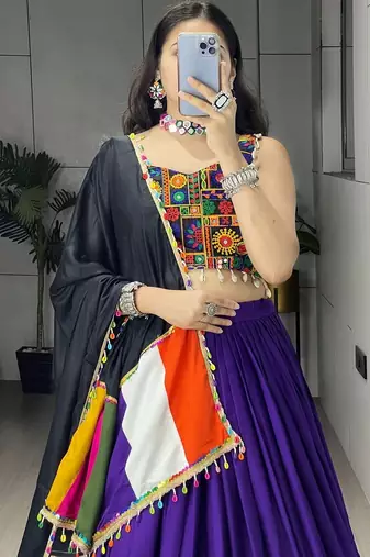 PURPLE RAYON COTTON EMBROIDERY NAVRATRI CHANIYA CHOLI- full stitched free size