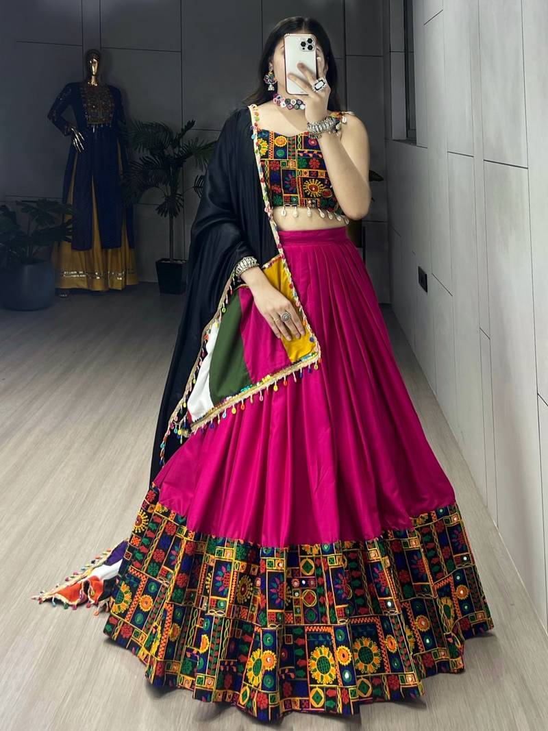 RANI PINK RAYON COTTON EMBROIDERY NAVRATRI CHANIYA CHOLI- full stitched free size