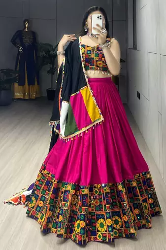 RANI PINK RAYON COTTON EMBROIDERY NAVRATRI CHANIYA CHOLI- full stitched free size