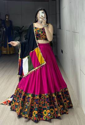 RANI PINK RAYON COTTON EMBROIDERY NAVRATRI CHANIYA CHOLI- full stitched free size 3