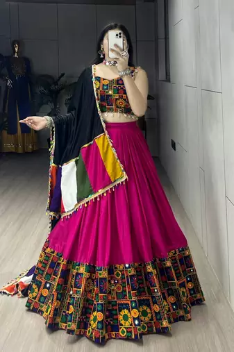 RANI PINK RAYON COTTON EMBROIDERY NAVRATRI CHANIYA CHOLI- full stitched free size