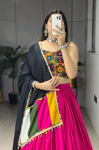 RANI PINK RAYON COTTON EMBROIDERY NAVRATRI CHANIYA CHOLI- full stitched free size