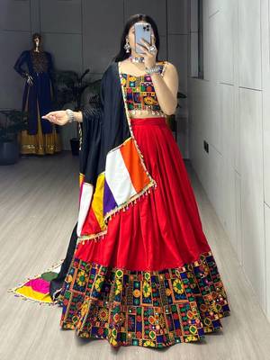 RED RAYON COTTON EMBROIDERY NAVRATRI CHANIYA CHOLI- full stitched free size 1