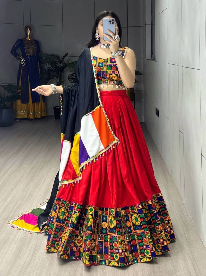 RED RAYON COTTON EMBROIDERY NAVRATRI CHANIYA CHOLI- full stitched free size