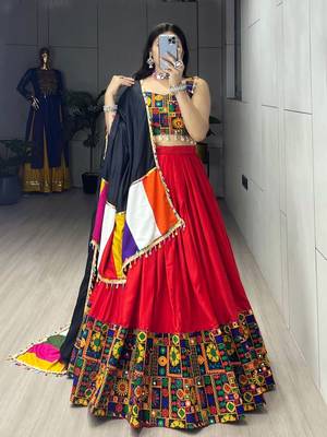 RED RAYON COTTON EMBROIDERY NAVRATRI CHANIYA CHOLI- full stitched free size 2