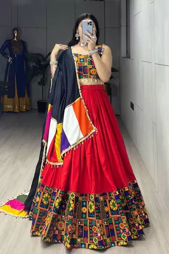 RED RAYON COTTON EMBROIDERY NAVRATRI CHANIYA CHOLI- full stitched free size