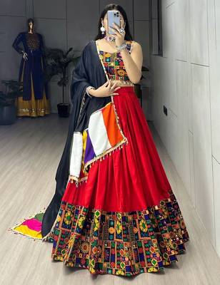 RED RAYON COTTON EMBROIDERY NAVRATRI CHANIYA CHOLI- full stitched free size 3