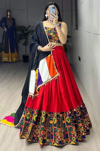 RED RAYON COTTON EMBROIDERY NAVRATRI CHANIYA CHOLI- full stitched free size