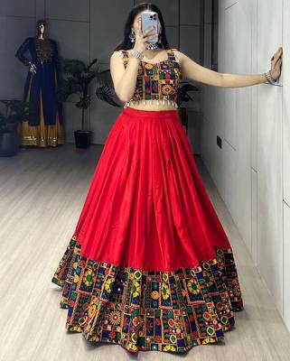 RED RAYON COTTON EMBROIDERY NAVRATRI CHANIYA CHOLI- full stitched free size 4