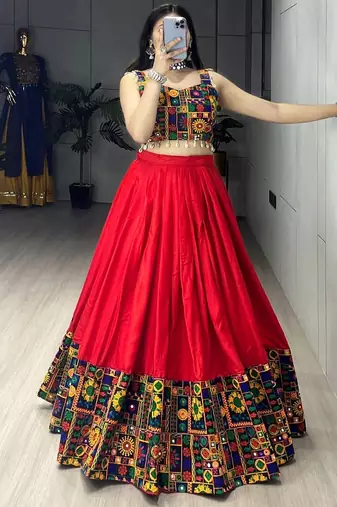RED RAYON COTTON EMBROIDERY NAVRATRI CHANIYA CHOLI- full stitched free size