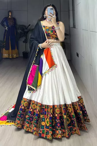 WHITE RAYON COTTON EMBROIDERY NAVRATRI CHANIYA CHOLI- full stitched free size