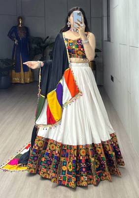 WHITE RAYON COTTON EMBROIDERY NAVRATRI CHANIYA CHOLI- full stitched free size 2