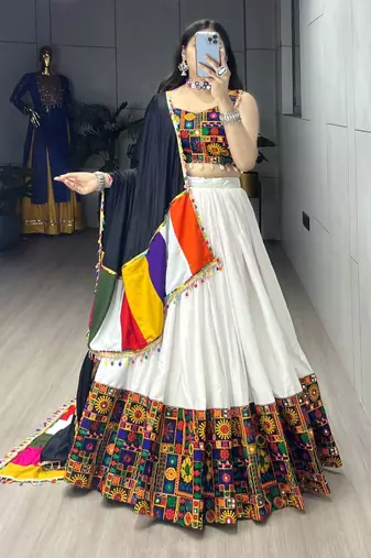 WHITE RAYON COTTON EMBROIDERY NAVRATRI CHANIYA CHOLI- full stitched free size