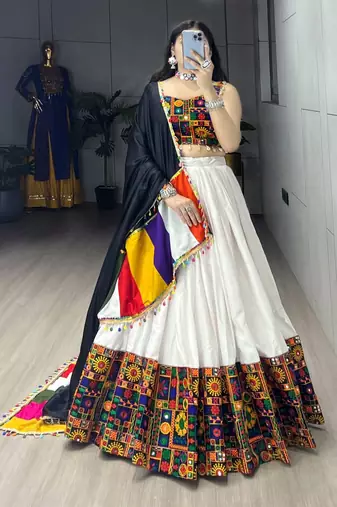 WHITE RAYON COTTON EMBROIDERY NAVRATRI CHANIYA CHOLI- full stitched free size