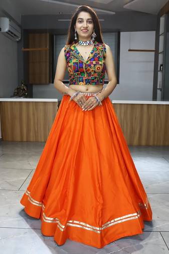 ORANGE RAYON COTTON EMBROIDERY NAVRATRI CHANIYA CHOLI- full stitched free size
