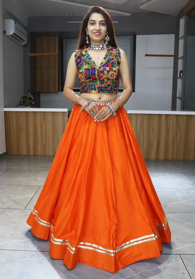 ORANGE RAYON COTTON EMBROIDERY NAVRATRI CHANIYA CHOLI- full stitched free size
