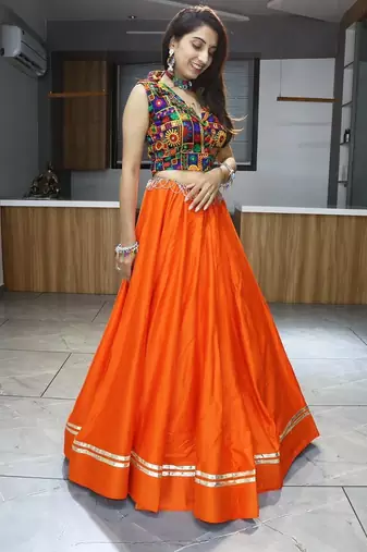 ORANGE RAYON COTTON EMBROIDERY NAVRATRI CHANIYA CHOLI- full stitched free size