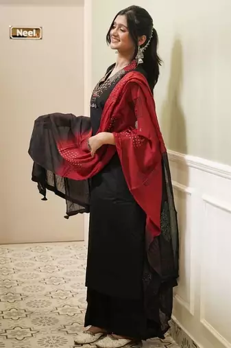 Black Cotton Kurta with Block Print Side Panels & Wide-Leg Palazzo Set