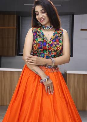 ORANGE RAYON COTTON EMBROIDERY NAVRATRI CHANIYA CHOLI- full stitched free size 3