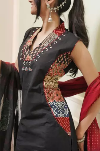 Black Cotton Kurta with Block Print Side Panels & Wide-Leg Palazzo Set