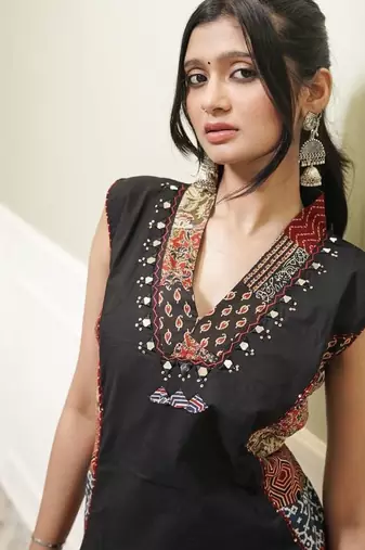 Black Cotton Kurta with Block Print Side Panels & Wide-Leg Palazzo Set