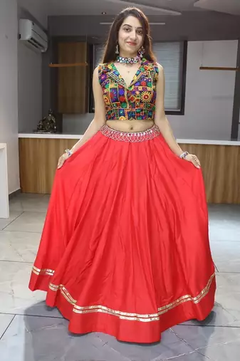 RANI PINK RAYON COTTON EMBROIDERY NAVRATRI CHANIYA CHOLI- full stitched free size
