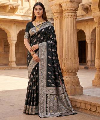 Black soft silk blend saree with zari weaving meenakari design 1