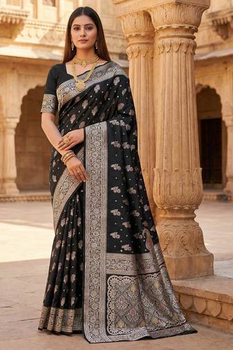 Black soft silk blend saree with zari weaving meenakari design