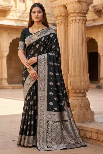 Black soft silk blend saree with zari weaving meenakari design