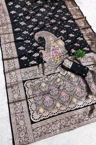 Black soft silk blend saree with zari weaving meenakari design
