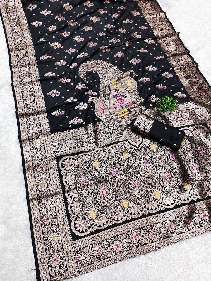 Black soft silk blend saree with zari weaving meenakari design