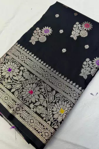 Black soft silk blend saree with zari weaving meenakari design