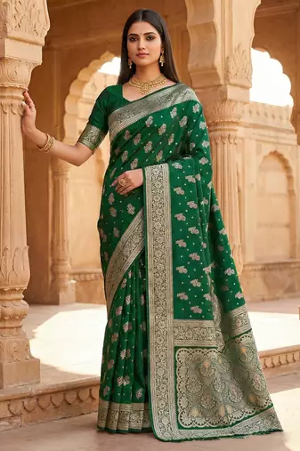 Green soft silk blend saree with zari weaving meenakari design