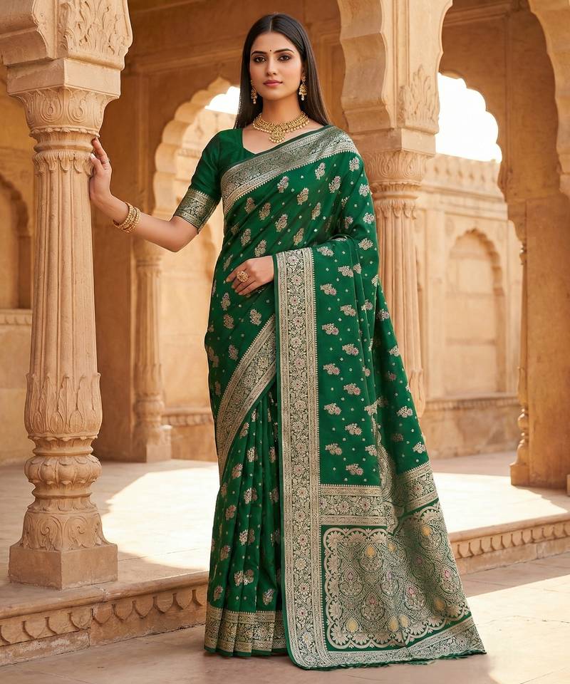 Green soft silk blend saree with zari weaving meenakari design