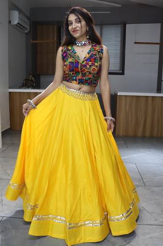 YELLOW RAYON COTTON EMBROIDERY NAVRATRI CHANIYA CHOLI- full stitched free size