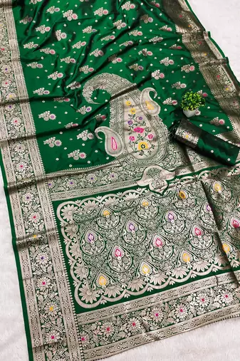 Green soft silk blend saree with zari weaving meenakari design