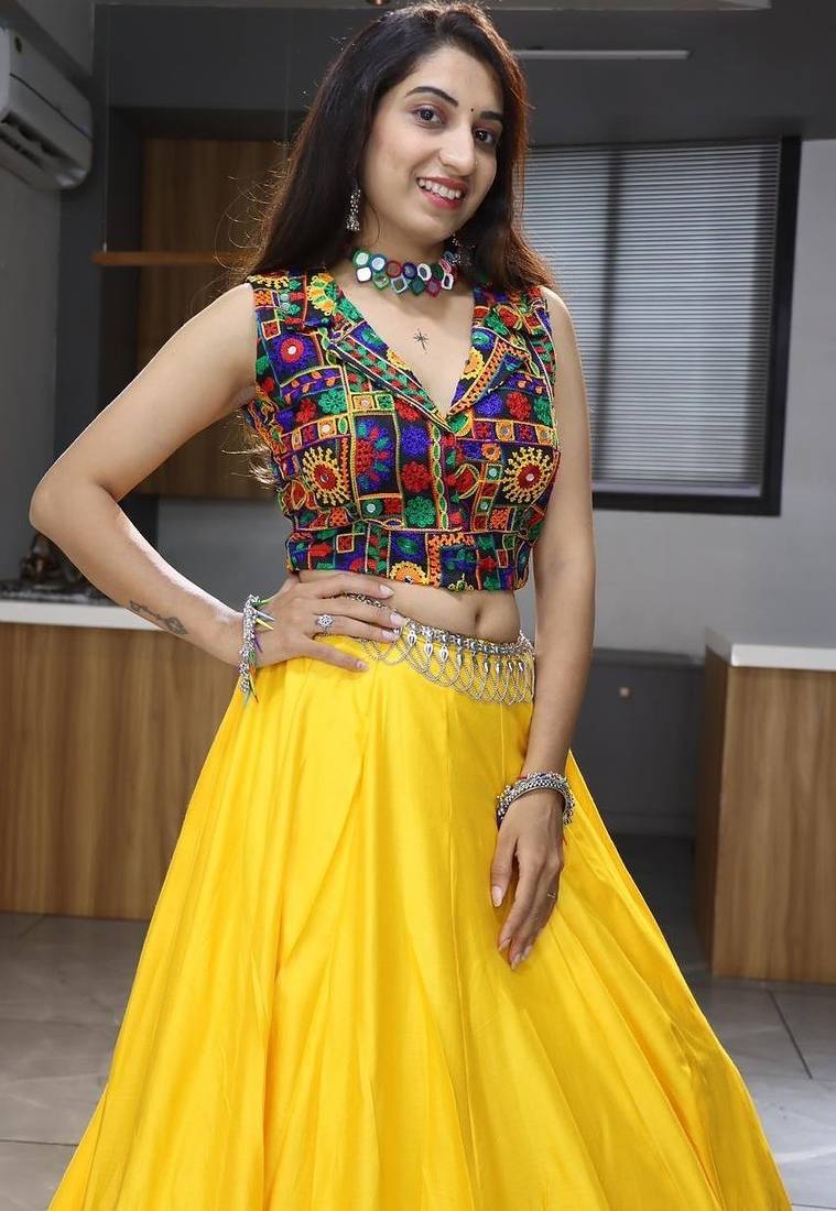 YELLOW RAYON COTTON EMBROIDERY NAVRATRI CHANIYA CHOLI- full stitched free size
