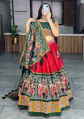 RED DHOLA SILK EMBROIDERY NAVRATRI CHANIYA CHOLI- full stitched free size 1