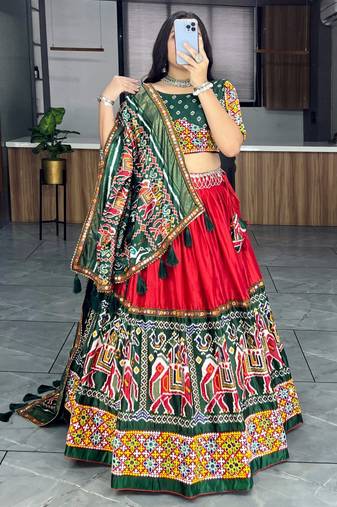 RED DHOLA SILK EMBROIDERY NAVRATRI CHANIYA CHOLI- full stitched free size