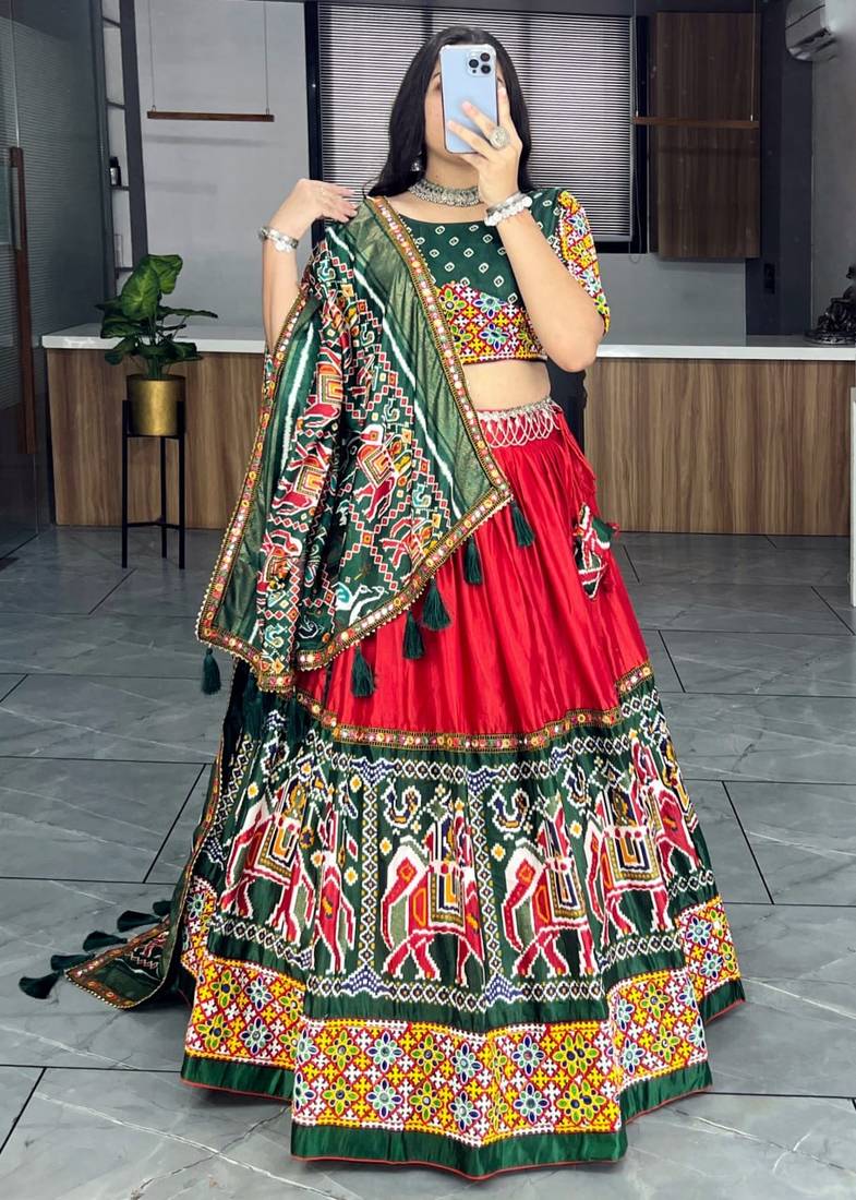 RED DHOLA SILK EMBROIDERY NAVRATRI CHANIYA CHOLI- full stitched free size