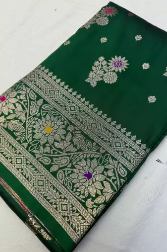 Green soft silk blend saree with zari weaving meenakari design