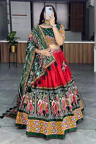 RED DHOLA SILK EMBROIDERY NAVRATRI CHANIYA CHOLI- full stitched free size