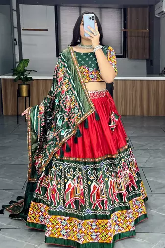 RED DHOLA SILK EMBROIDERY NAVRATRI CHANIYA CHOLI- full stitched free size