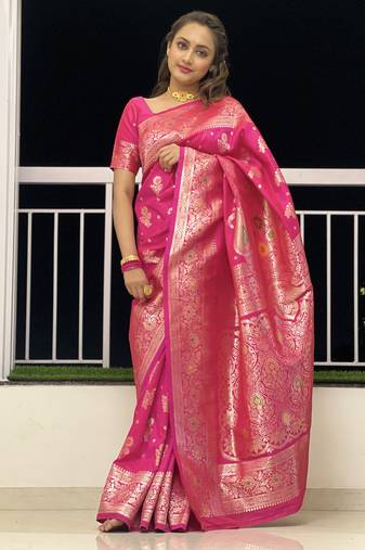 Pink soft silk blend saree with zari weaving meenakari design