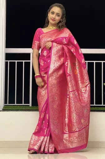 Pink soft silk blend saree with zari weaving meenakari design