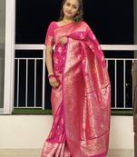 Pink soft silk blend saree with zari weaving meenakari design